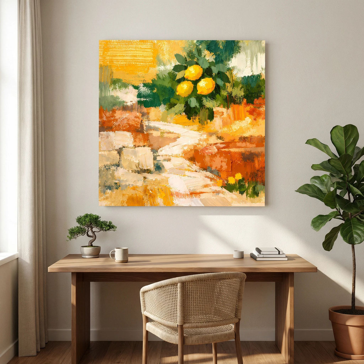 Wandbild mit gelben Zitronen am Zweig, abstraktes Stillleben in Grün und Orange