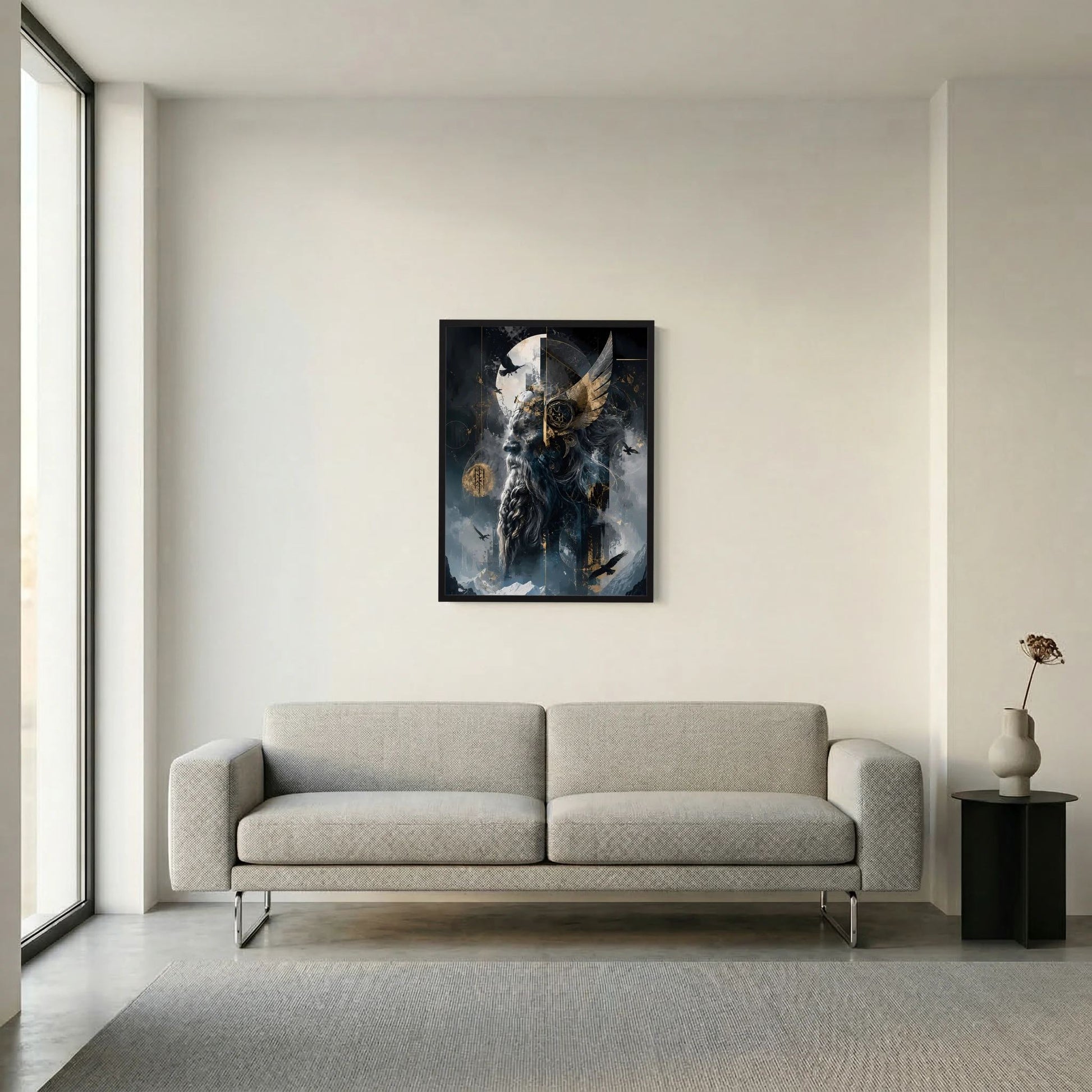 Gerahmtes Hochformat-Poster: Wikingerkrieger mit Raben, Runen und goldenen Akzenten