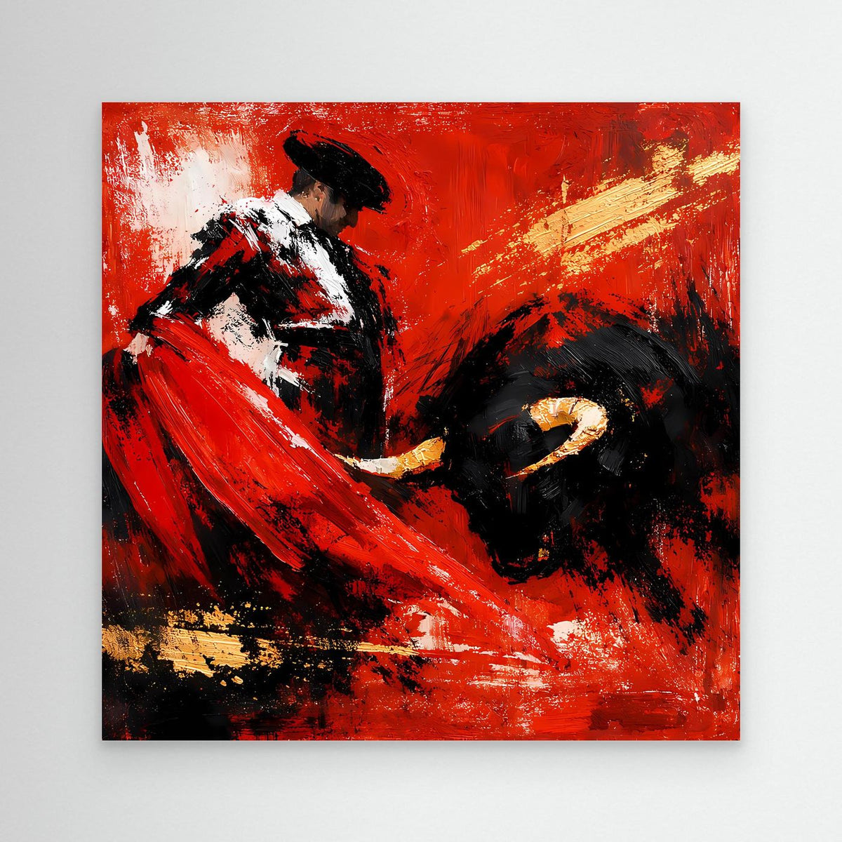 Leinwand-Wandbild mit abstraktem Torero und Stier in Rot, Schwarz und Goldtönen