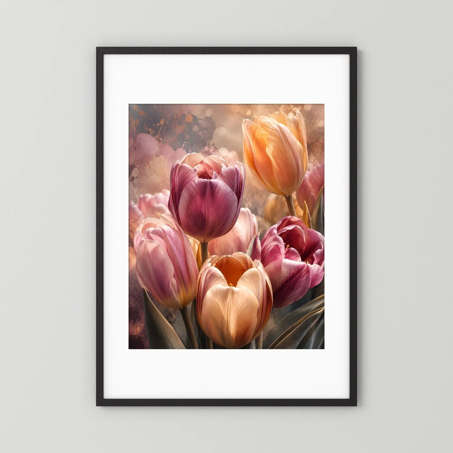 Tulpenposter im schwarzen Holzrahmen mit weißem Passepartout, rosa Tulpen.