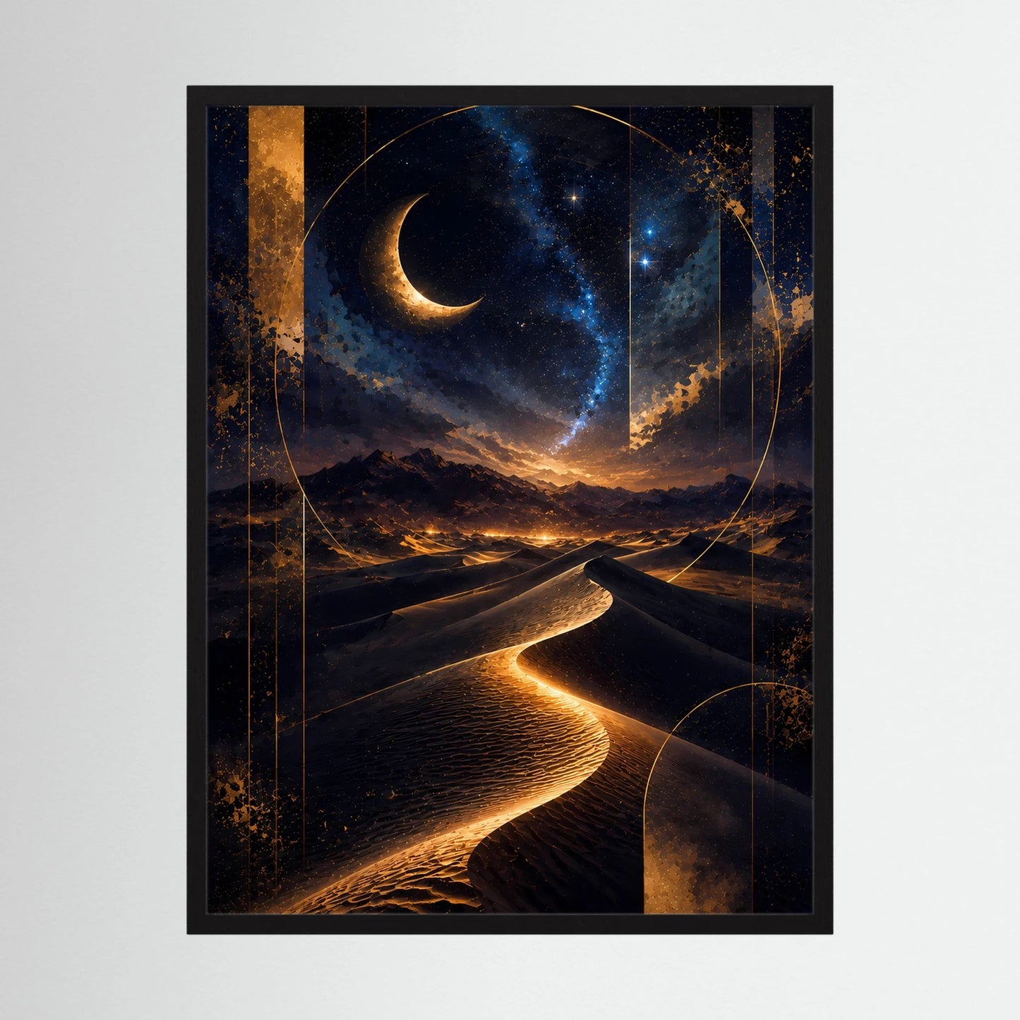 Hochformat-Poster im schwarzen Rahmen mit Mondsichel, Dünen und Sternenhimmel