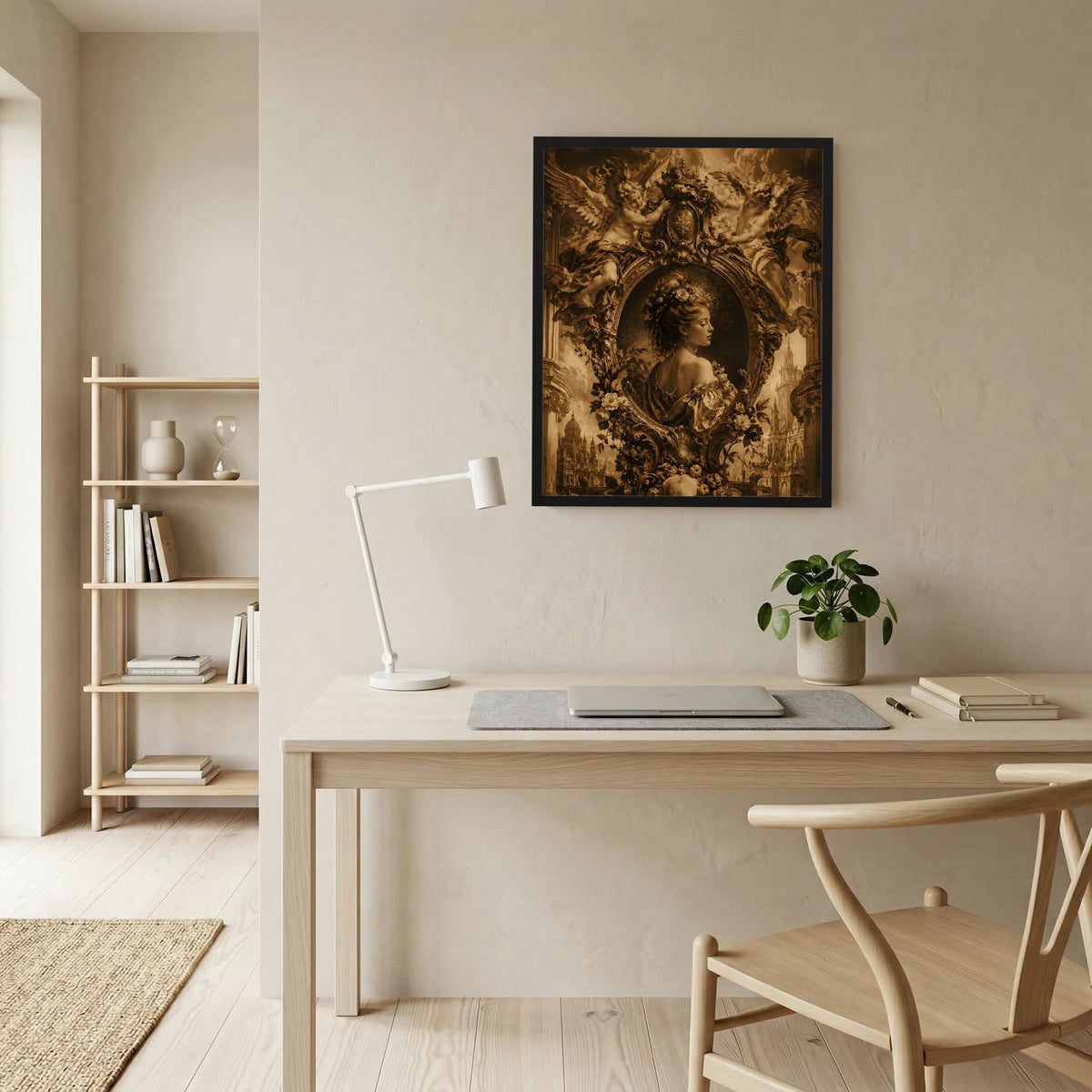 Gerahmtes Barockposter an Wand über Schreibtisch: Frau im Oval mit Engeln