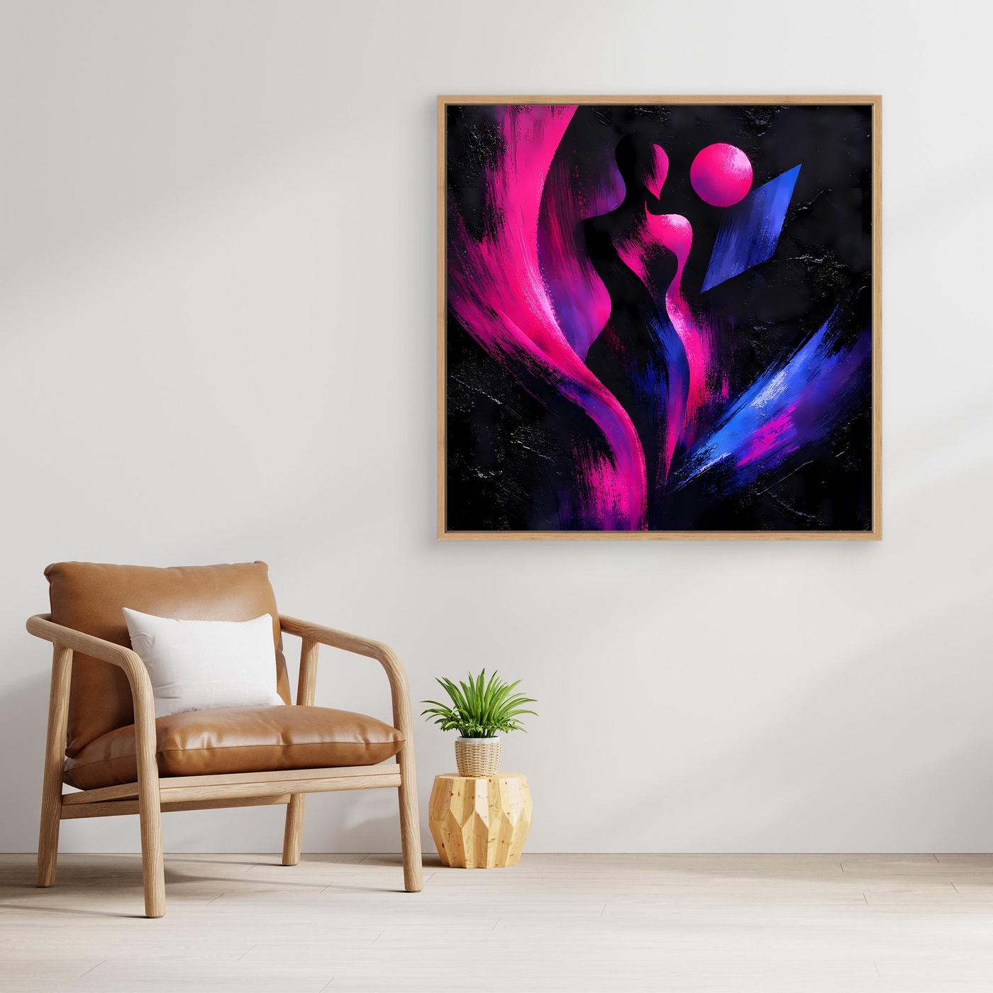 Leinwandbild mit abstrakter Silhouette in Neon Pink/Blau auf dunklem Hintergrund, Holzrahmen