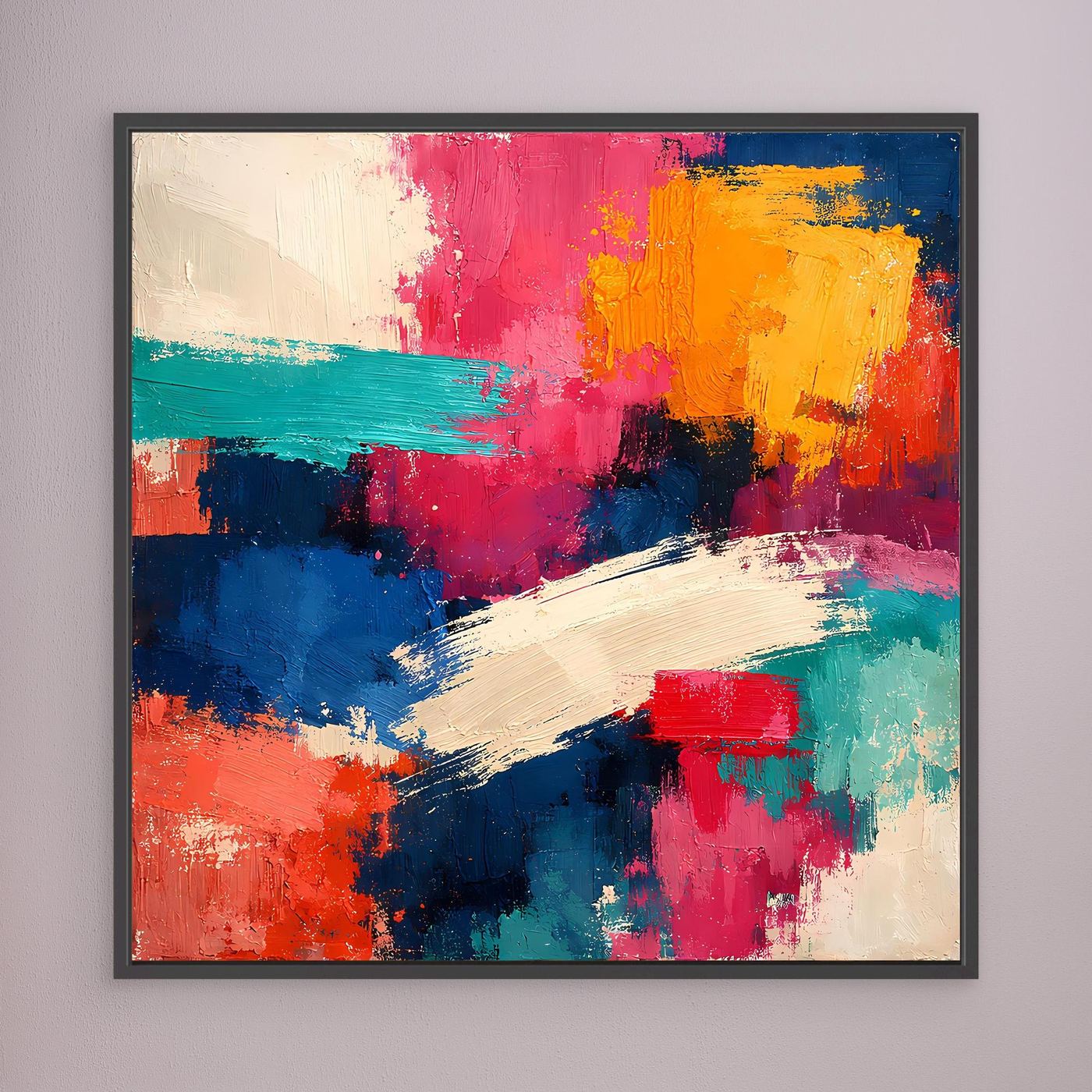 Abstraktes Leinwand-Wandbild mit kräftigen Farbstrichen in Pink, Gelb und Blau, im schwarzen Rahmen