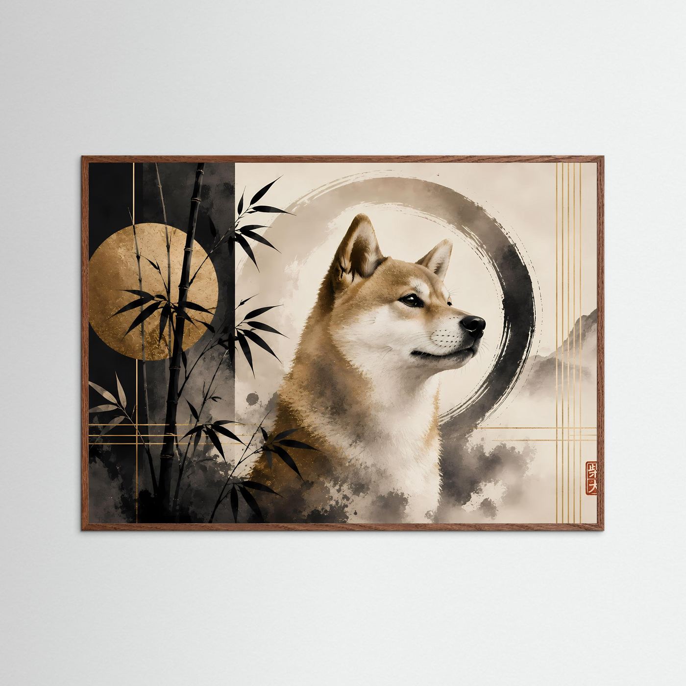 Gerahmtes Querformat-Poster mit Shiba Inu Zen-Motiv, Bambus und Kreisornamenten, braun
