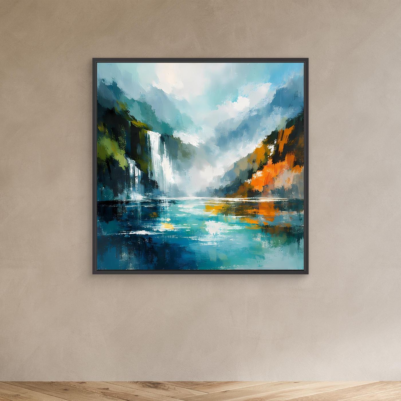 Abstraktes Wandbild mit Wasserfall und Fjord, türkis/blau, schwarzer Rahmen.