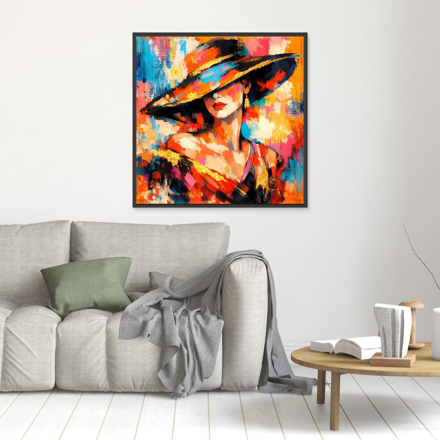 Leinwandbild mit Frau im Hut, buntes abstraktes Portrait, schwarzer Rahmen