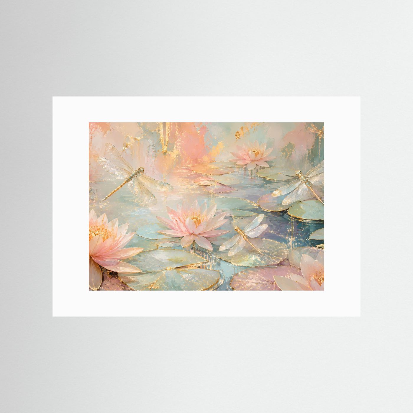 Wandbild mit Seerosen und Libellen im Pastell-Teichmotiv, mit weißem Passepartout