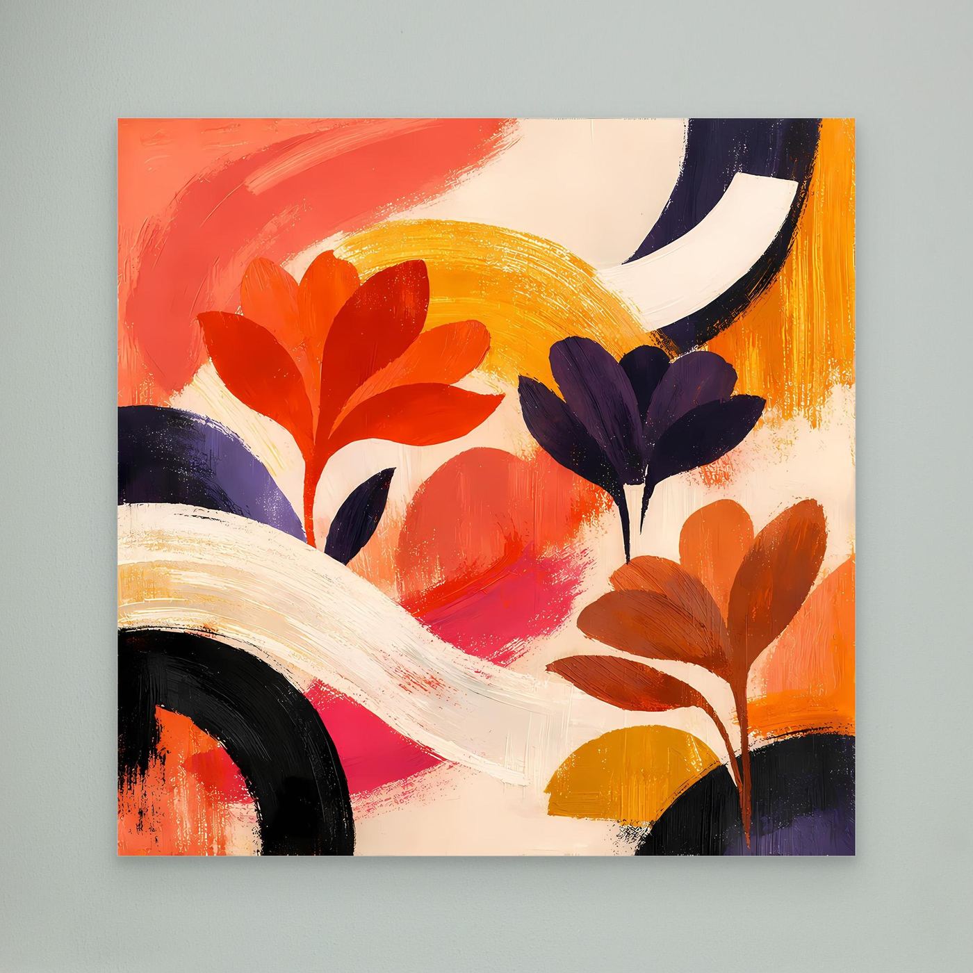 Leinwandbild abstrakte Blumen, Rot, Orange, Violett und Beige; Rahmen cremefarben