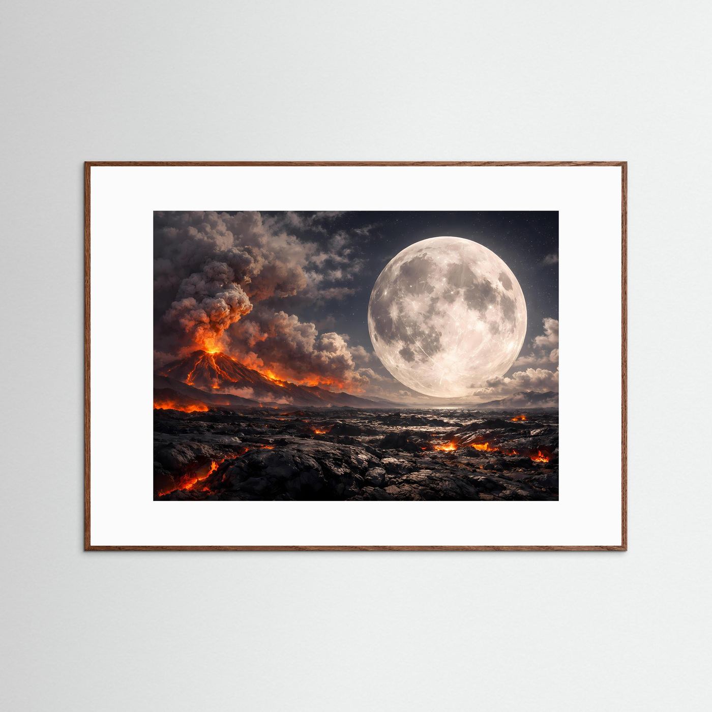 Braun gerahmtes Natur-Fantasy-Poster mit weißem Rand: Vulkanausbruch und Vollmond über Lava