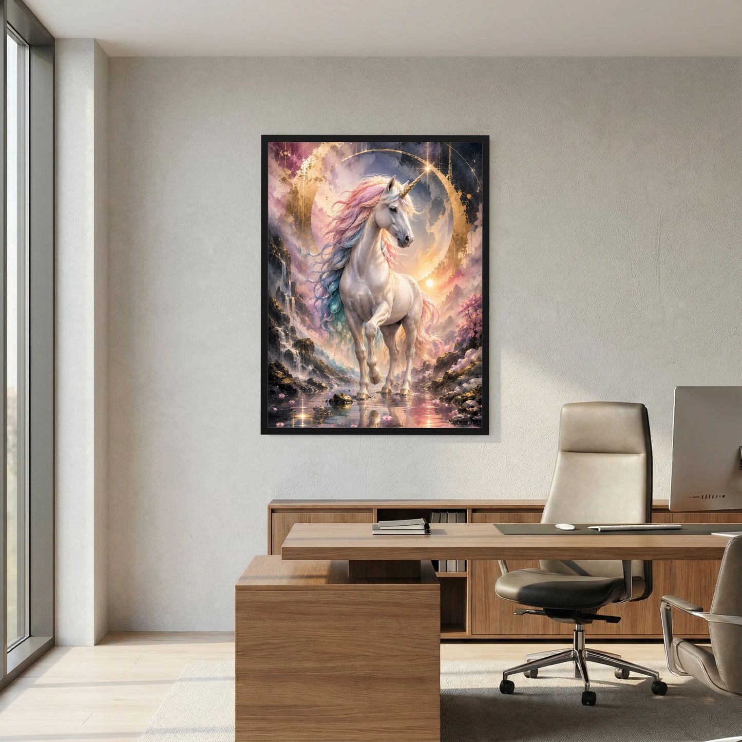 Einhorn-Poster in schwarzem Rahmen über Bürotisch: weißes geflügeltes Einhorn im Kreis.