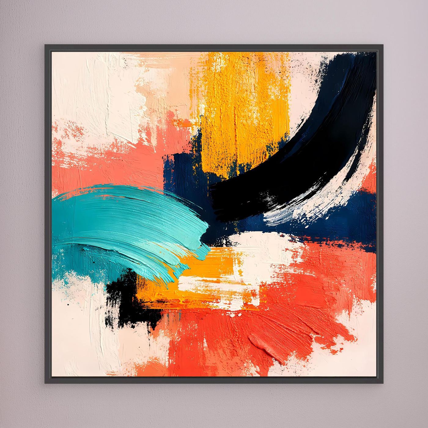 Abstract canvas wall art with coral, teal, yellow and navy brushstrokes, dark frame