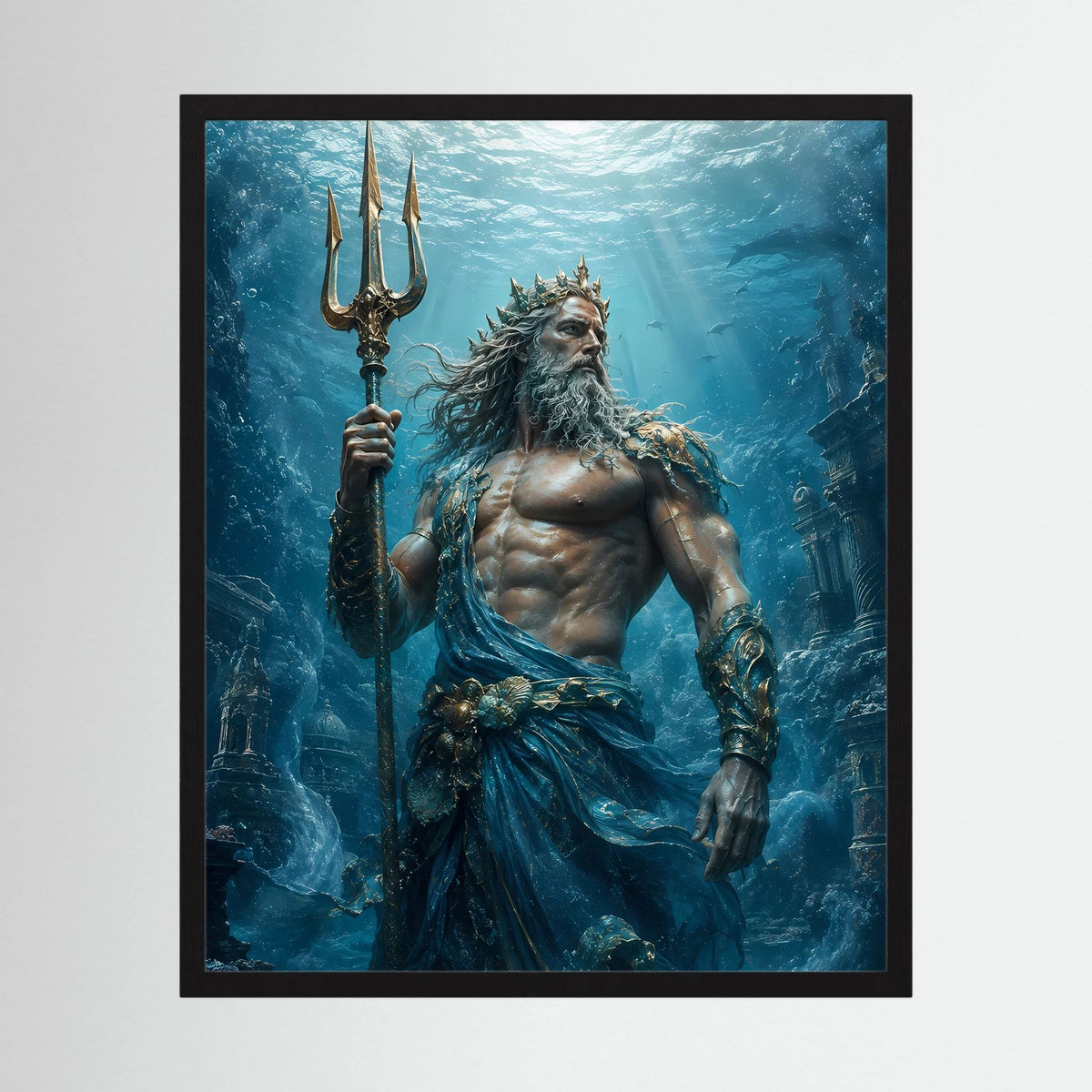 Hochformatiges Poster mit Poseidon und Dreizack im Unterwassermotiv, im schwarzen Rahmen