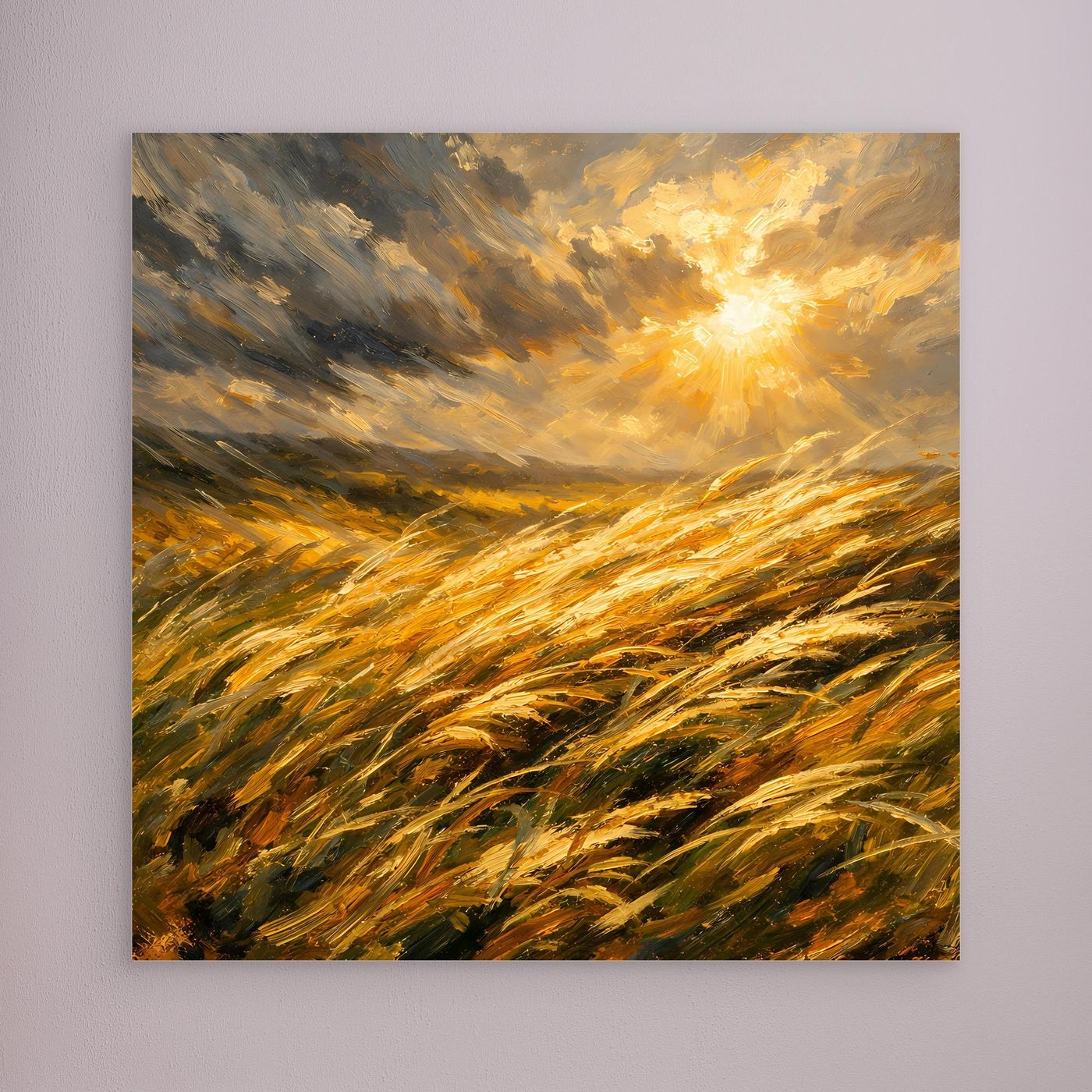 Leinwandbild mit goldenem Getreidefeld im Wind und leuchtender Sonne, ohne sichtbaren Rahmen