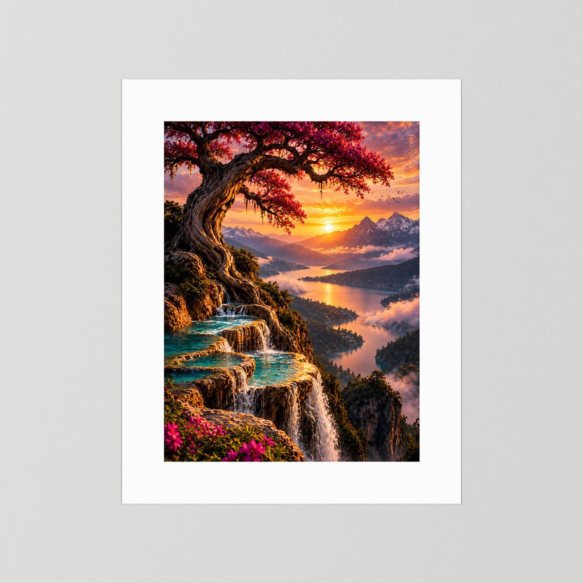 Magischer Baum über Bergsee | Wasserfälle im Sonnenuntergang | Poster Hochformat