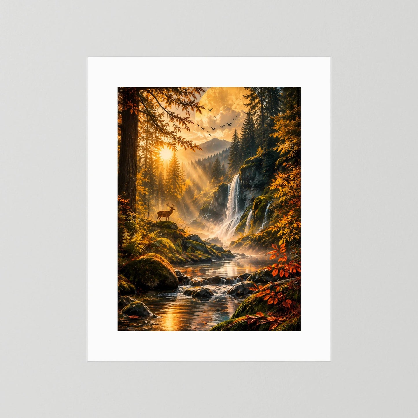 Hochformatiges Herbstposter mit weißem Rand, Wasserfall, Fluss und Hirsch
