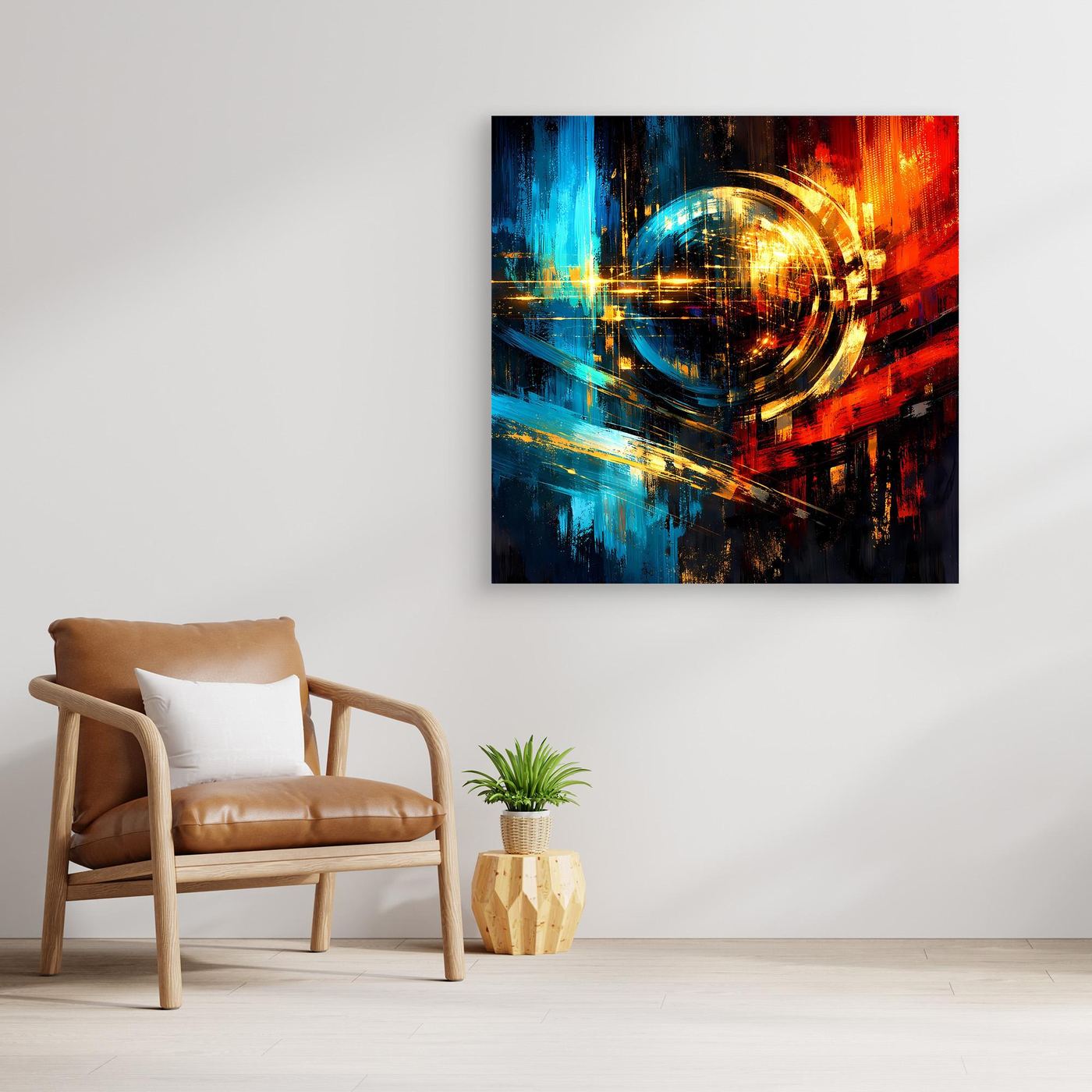 Quadratisches Leinwandbild mit Rahmen und abstraktem Lichtkreis in Blau, Rot und Gold