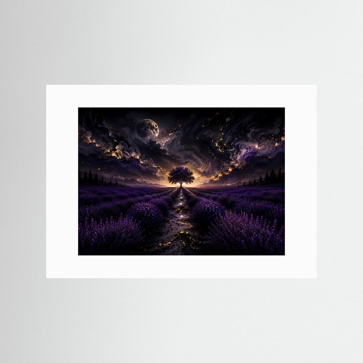 Lavendelfeld Wandbild Nacht | Mystischer Baum unter Mond | Fantasy Landschaft Poster | Lila Leinwandbild | Abstrakte Fine Art Wandkunst