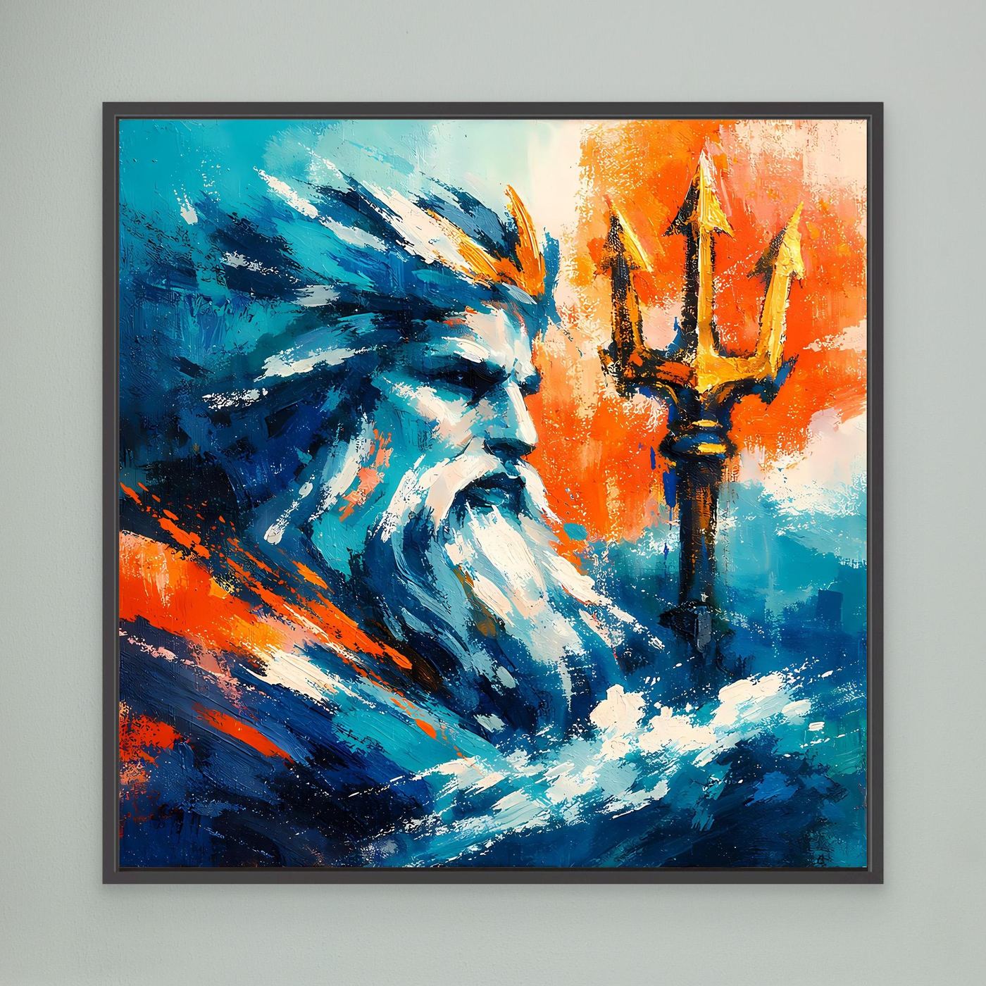 Black-framed abstract sea god portrait with blue and orange paint and trident.