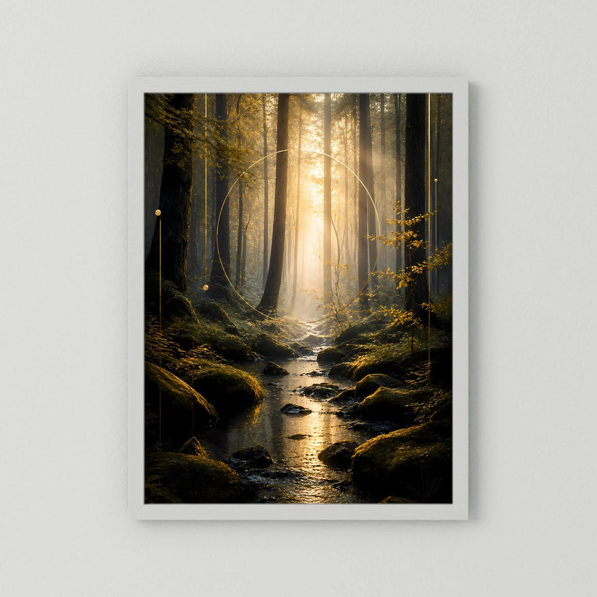 Wandposter im Hochformat mit Bach im Wald und goldenen Lichtstrahlen, weiße Einfassung