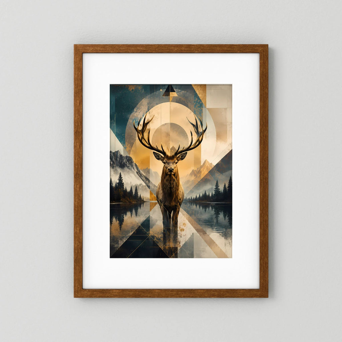Poster im Hochformat mit Hirschmotiv, geometrische Berglandschaft, brauner Holzrahmen
