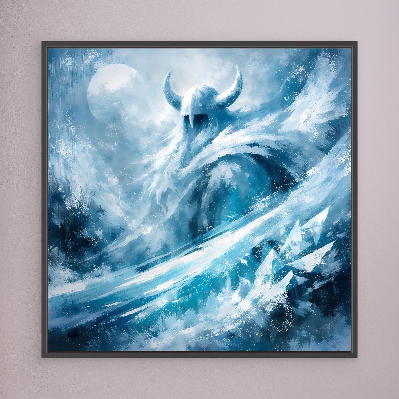 Leinwandbild mit Eiswikinger-Motiv in Blau und Türkis, quadratisch, mit dunklem Rahmen