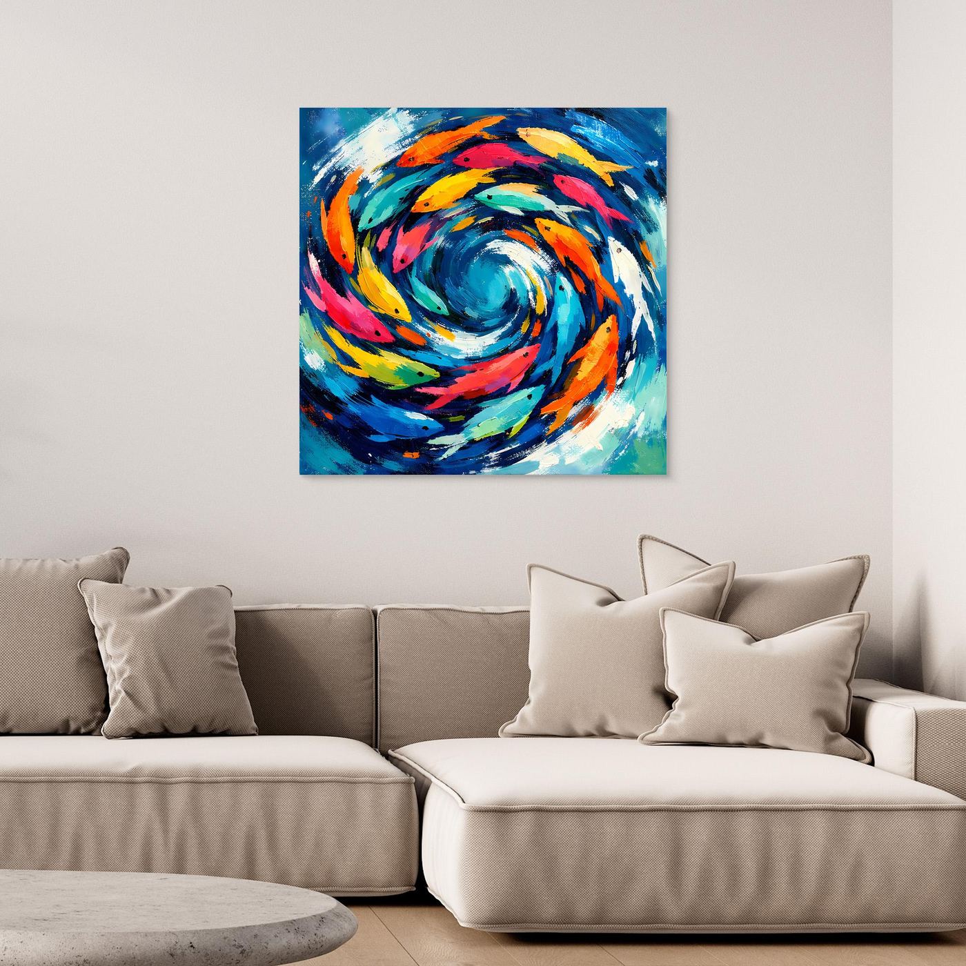 Leinwand Dynamischer Fischschwarm im Strudel | Abstraktes Ozean & Meer Wandbild