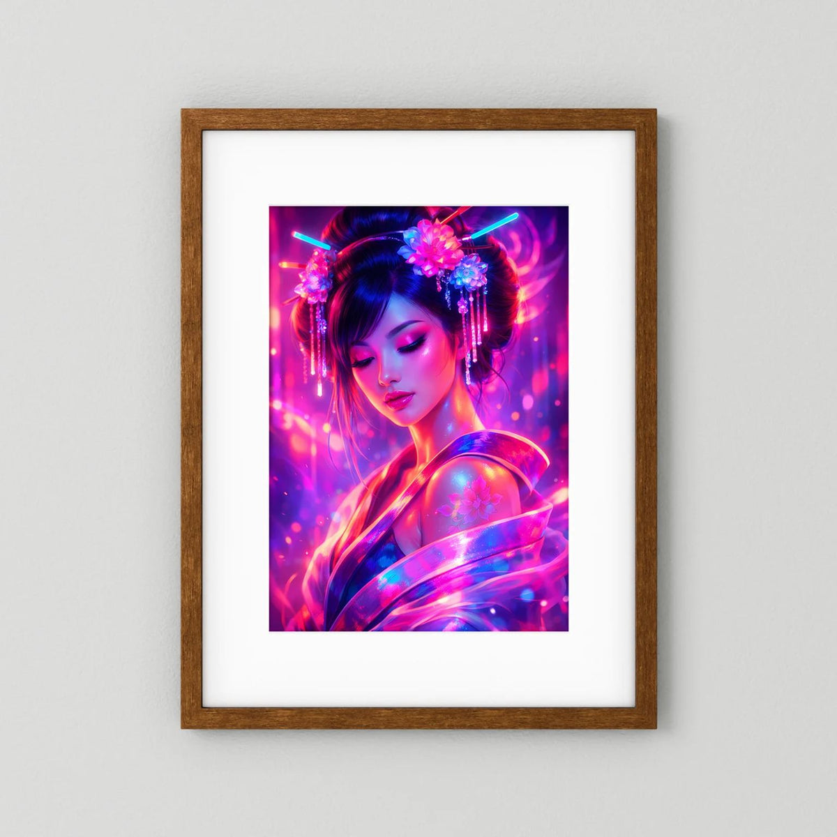 Neon-Poster mit japanischer Frau, brauner Holzrahmen, pink-blaues Neonmotiv