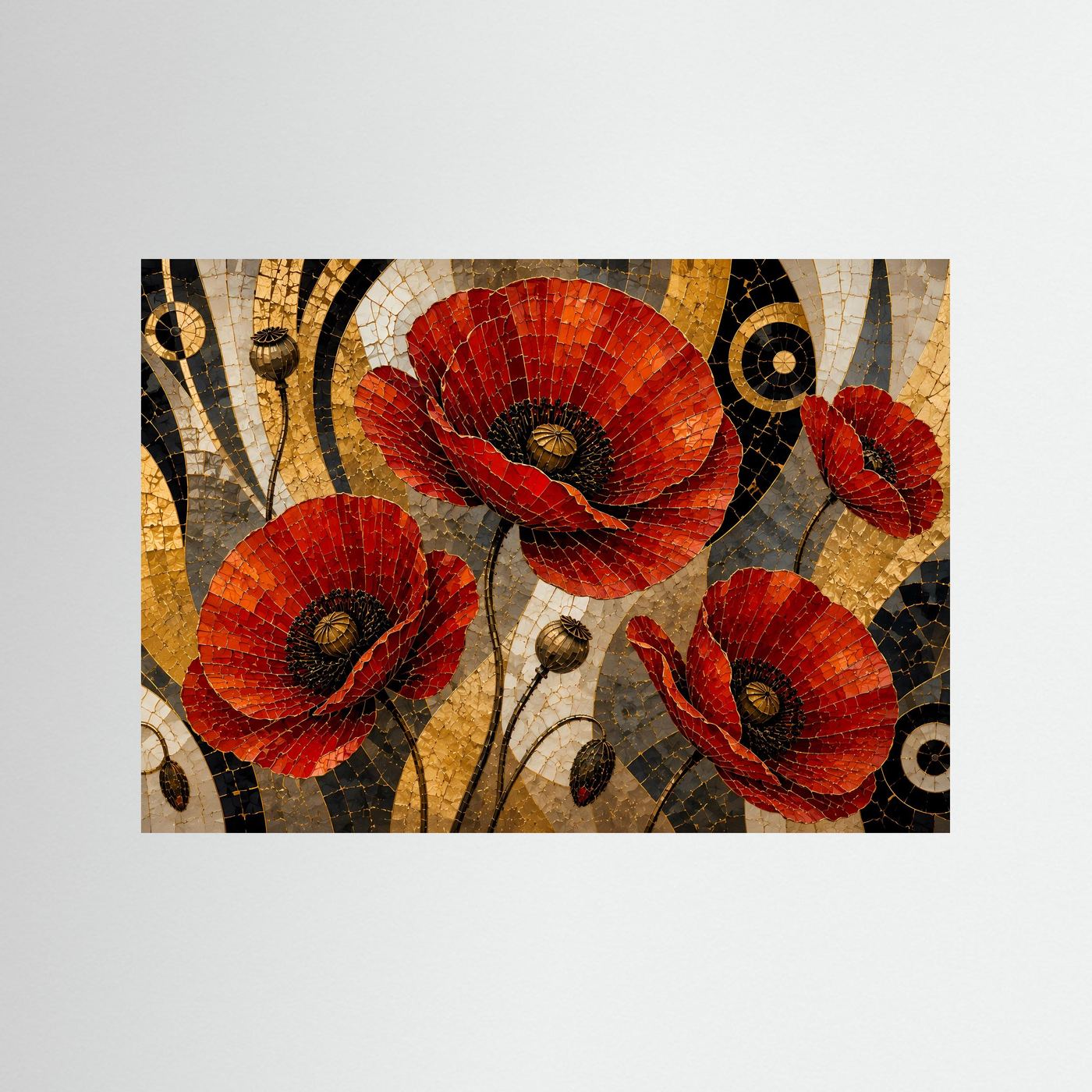 Querformat-Poster mit Mohnblumen im Mosaikstil in Rot, Schwarz und Gold