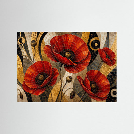 Querformat-Poster mit Mohnblumen im Mosaikstil in Rot, Schwarz und Gold