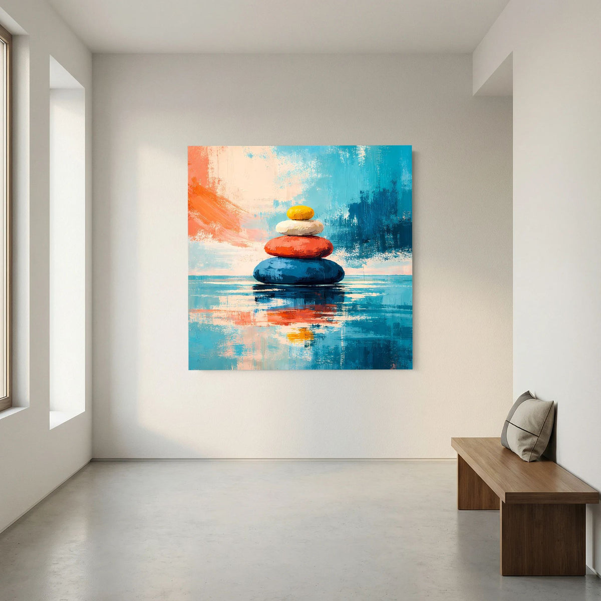 Quadratisches Leinwandbild mit Zen-Steinen: goldene, rote und blaue Stapel mit Wasserreflex