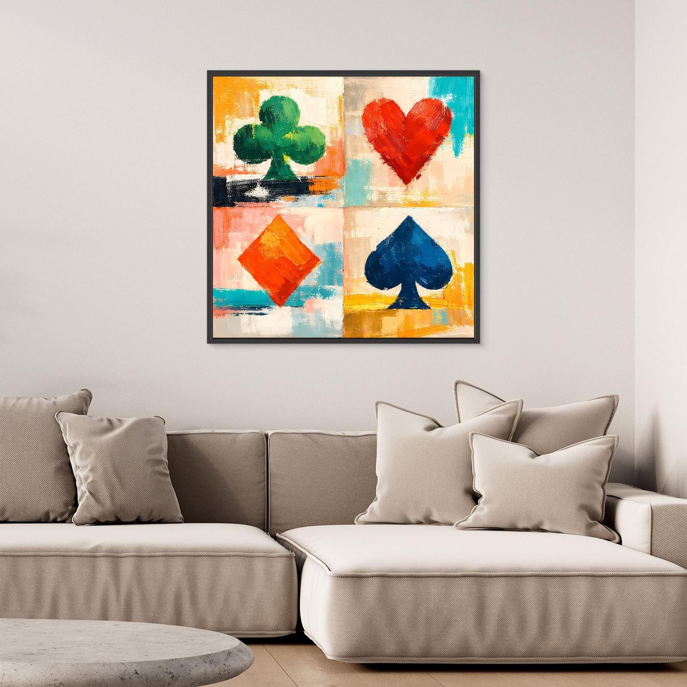 Quadratisches Leinwand-Wandbild mit Spielkarten-Symbolen, gemaltem Farbblock-Look