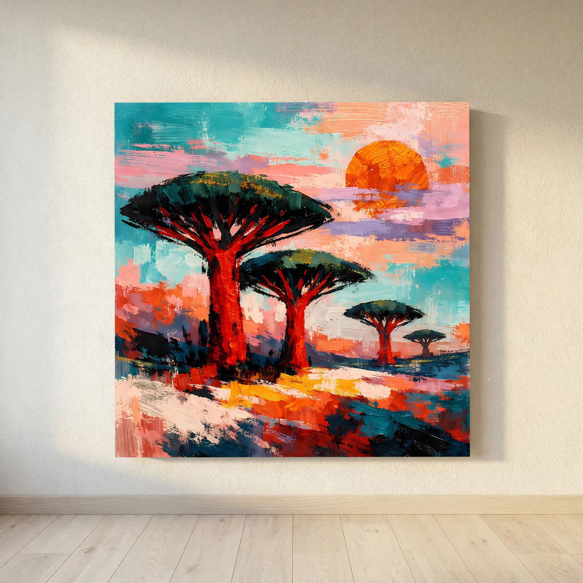 Wandbild mit drei Akazienbäumen und orangefarbener Sonne, breite Pinselstriche, türkis und orange