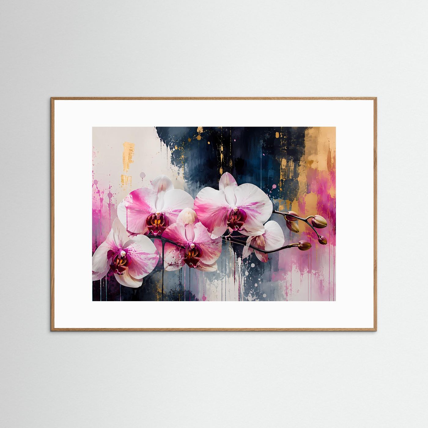 Elegante Rosa Orchideen in Gold | Modernes Florales Wandbild Querformat