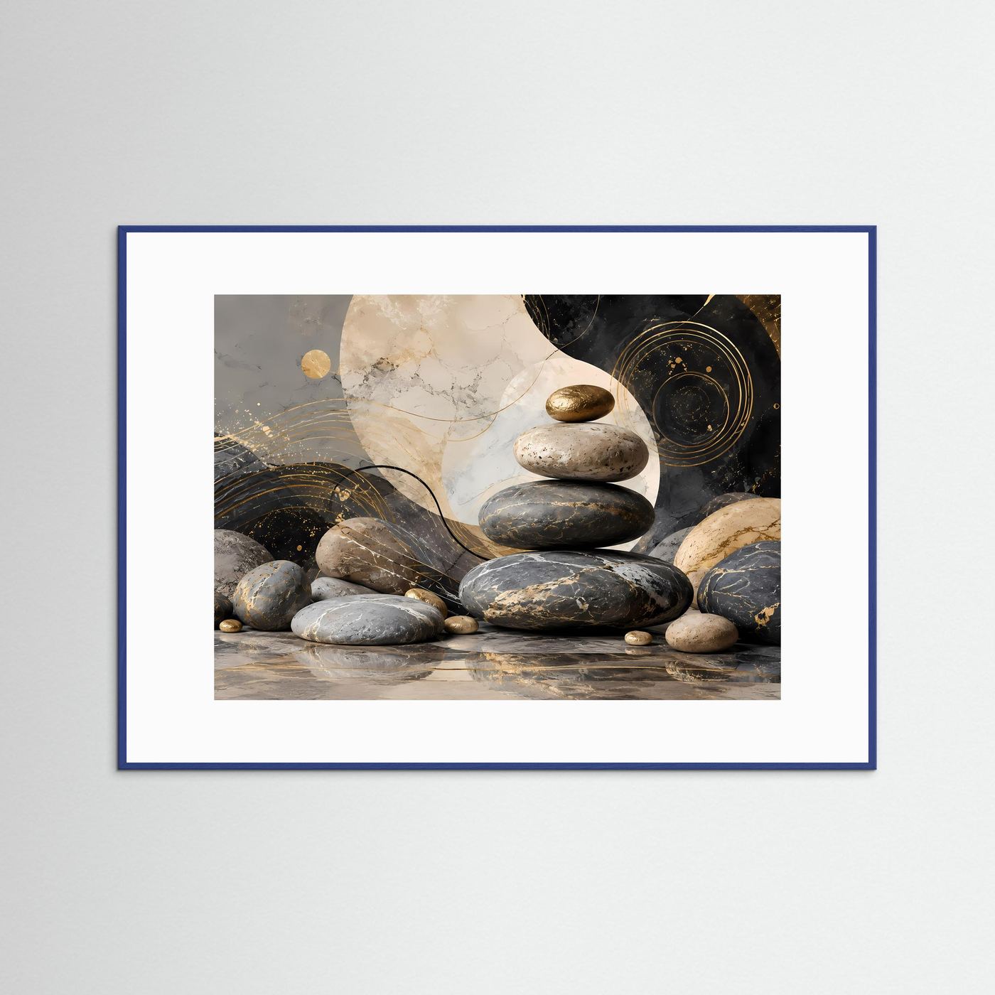 Zen Steine in Schwarz, Gold und Creme | Abstrakte Balance & Harmonie mit Marmorstruktur | Elegante moderne Wellness Kunst im Querformat