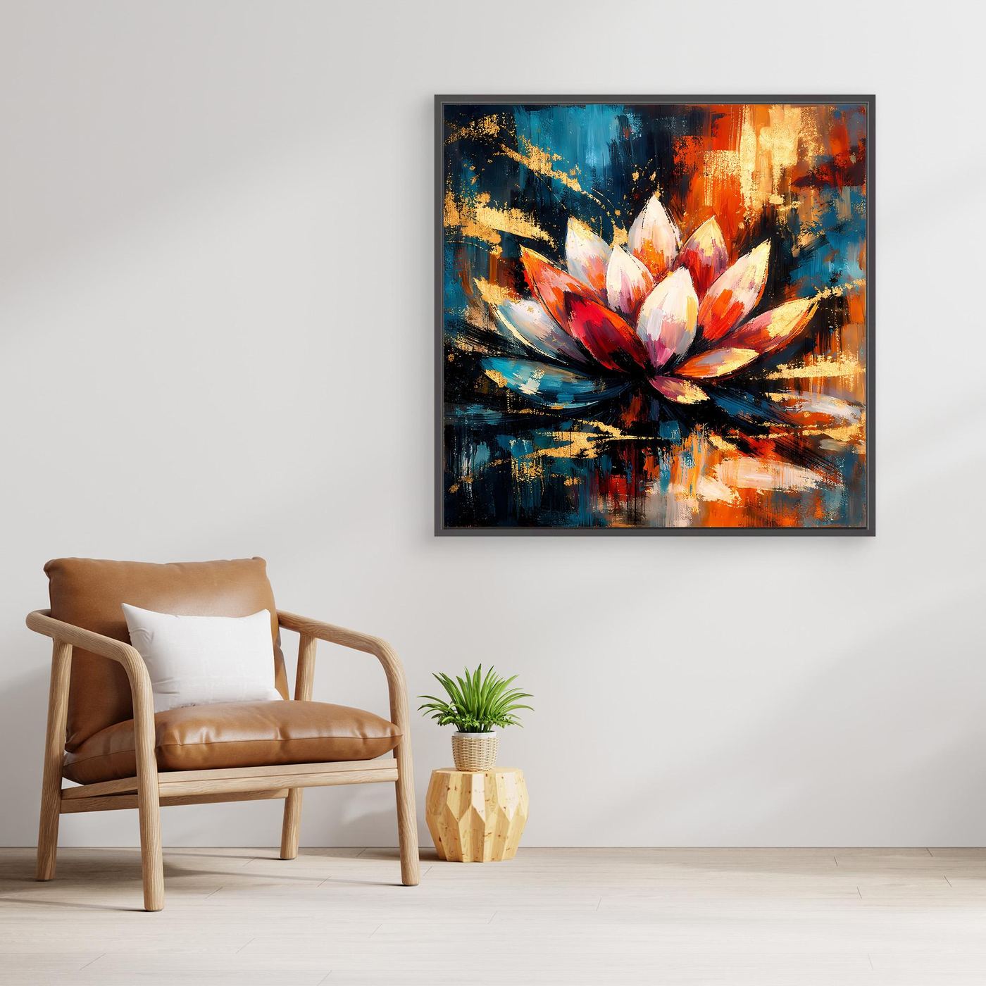 Abstraktes Leinwandbild Lotusblüte, weiße Blüte auf blau-gelbem Spritzmotiv, goldfarbener Rahmen