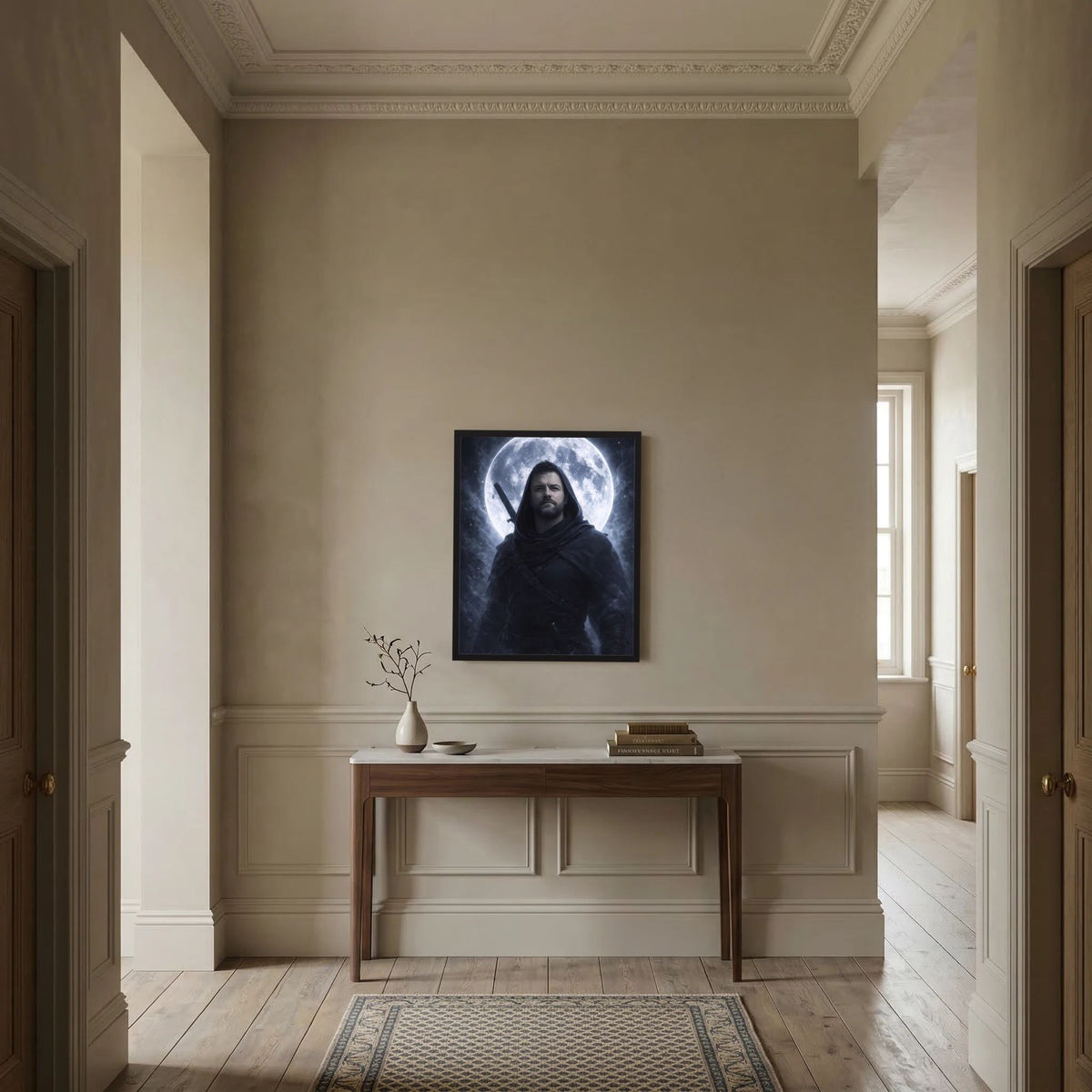 Fantasy-Poster im dunklen Rahmen: Kapuzenkrieger vor großem leuchtendem Mond