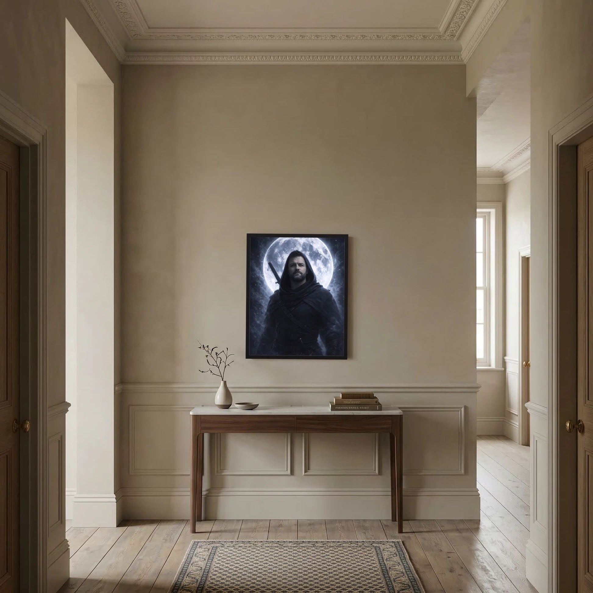 Fantasy-Poster im dunklen Rahmen: Kapuzenkrieger vor großem leuchtendem Mond