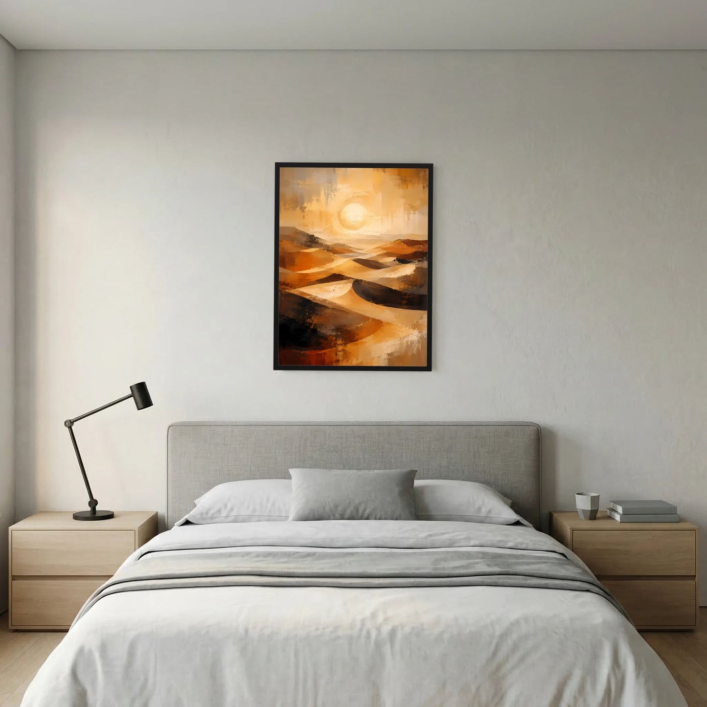 Gerahmtes Hochformat-Poster: abstrakte Wüstenlandschaft mit goldenem Licht und Dünen