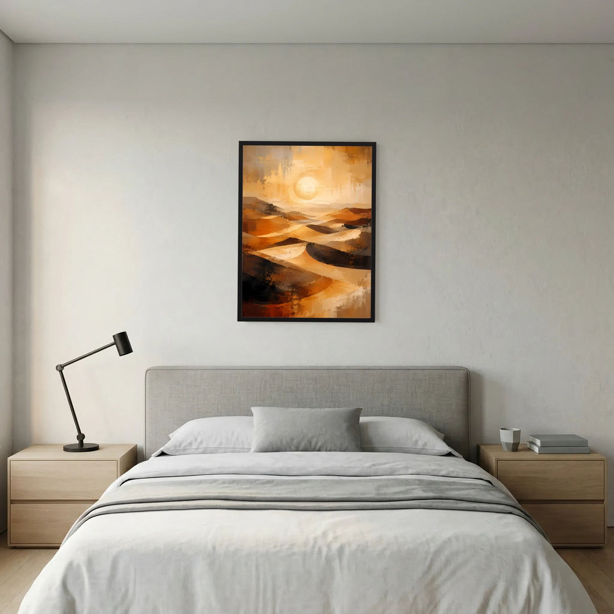 Gerahmtes Hochformat-Poster: abstrakte Wüstenlandschaft mit goldenem Licht und Dünen