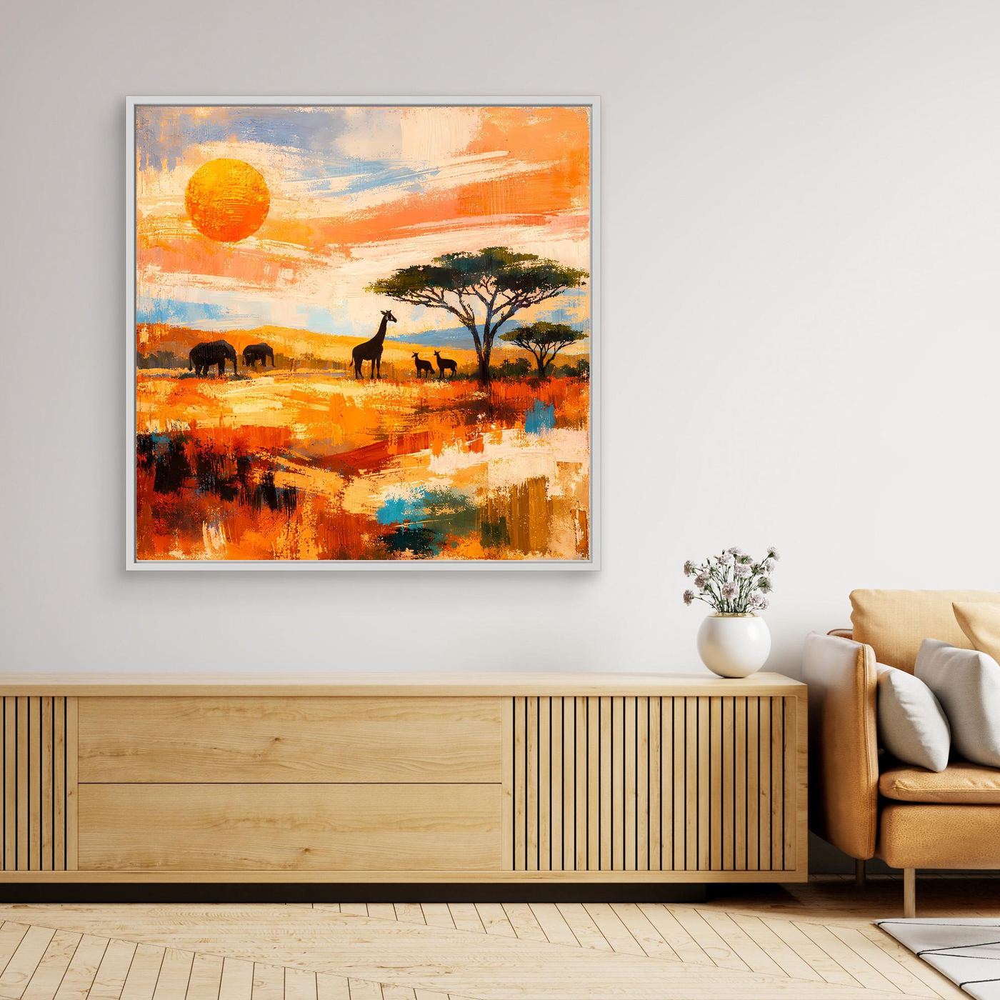 Abstraktes Leinwand-Wandbild: Savanne mit Elefanten, Löwen und Sonnenuntergangsfarben