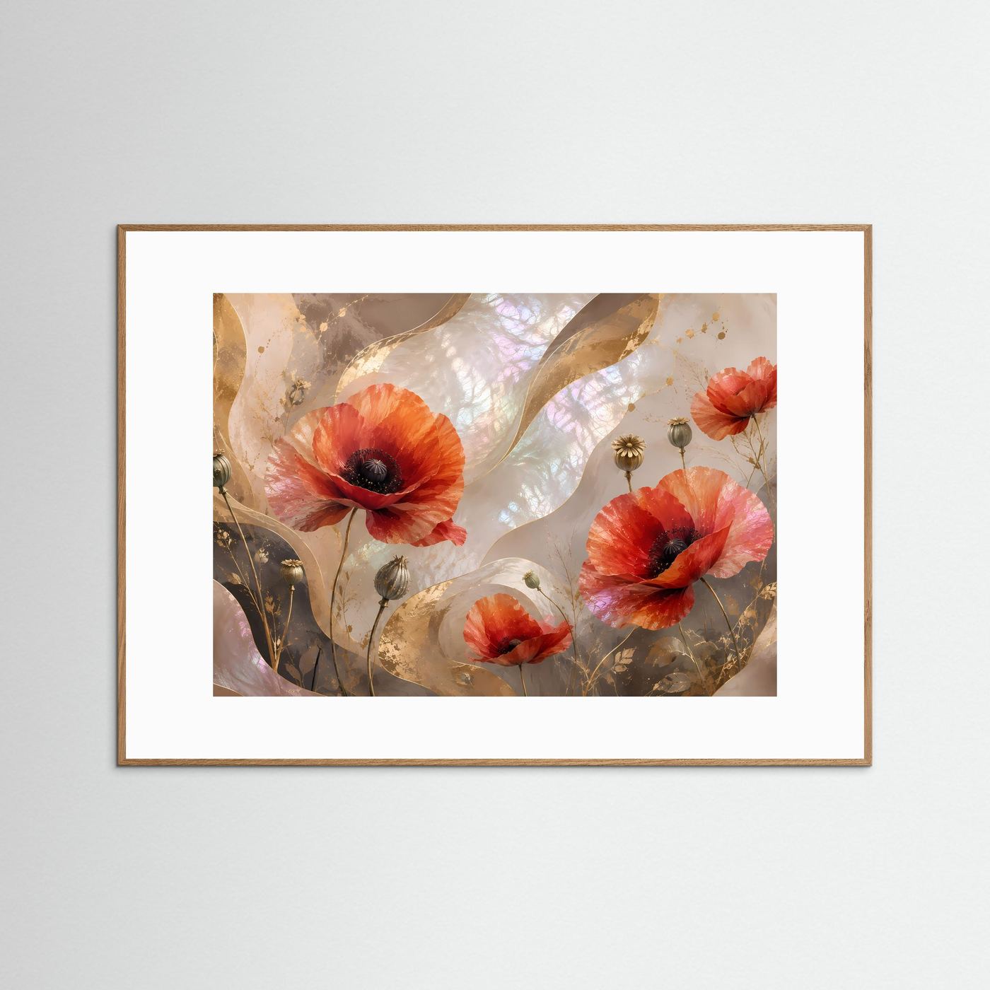 Poster mit roten Mohnblumen, Perlmutt- und Goldakzenten im Querformat, brauner Rahmen