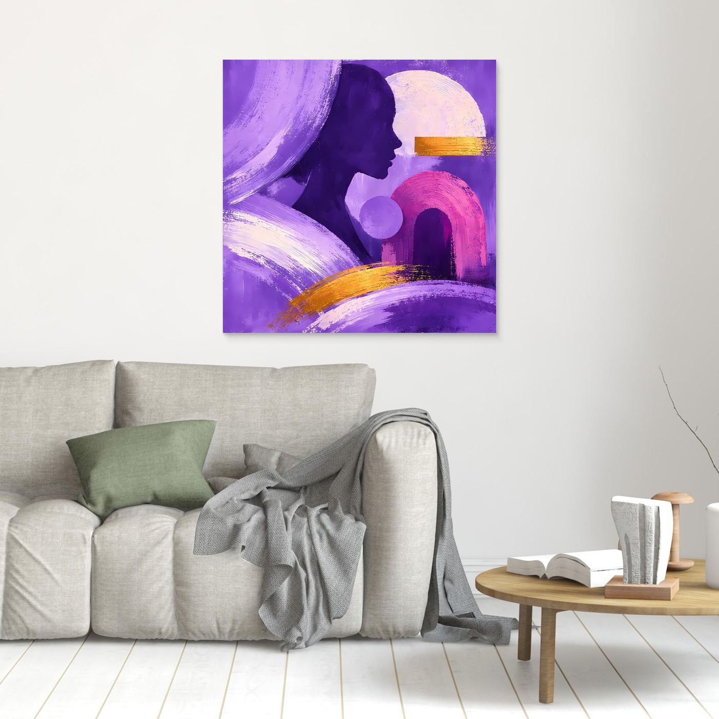 Abstraktes Leinwandbild mit Frauenprofil, violettem Hintergrund und Goldstreifen, klein mit Rahmen.