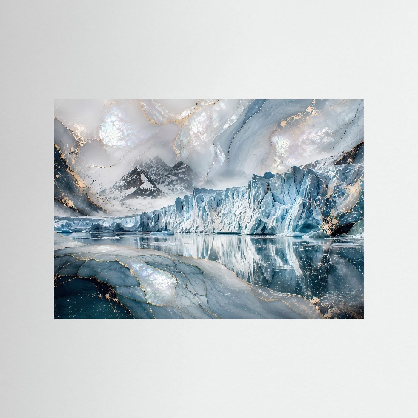 Gletscher-Poster im Querformat, blaue Eislandschaft und goldene Akzente, ohne Rahmen