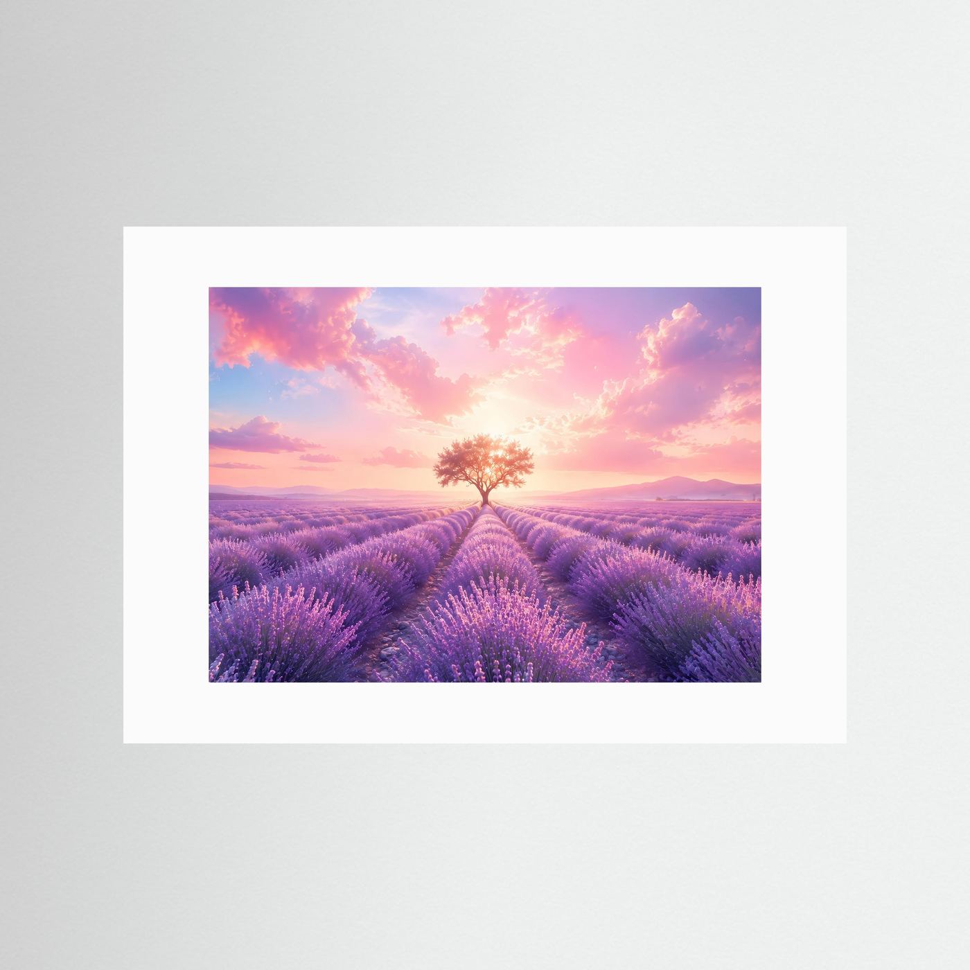 Lavendelfeld Poster | Sonnenuntergang Landschaft | Baum des Lebens Wandbild | Provence Natur Kunst | Romantischer Fine Art Print