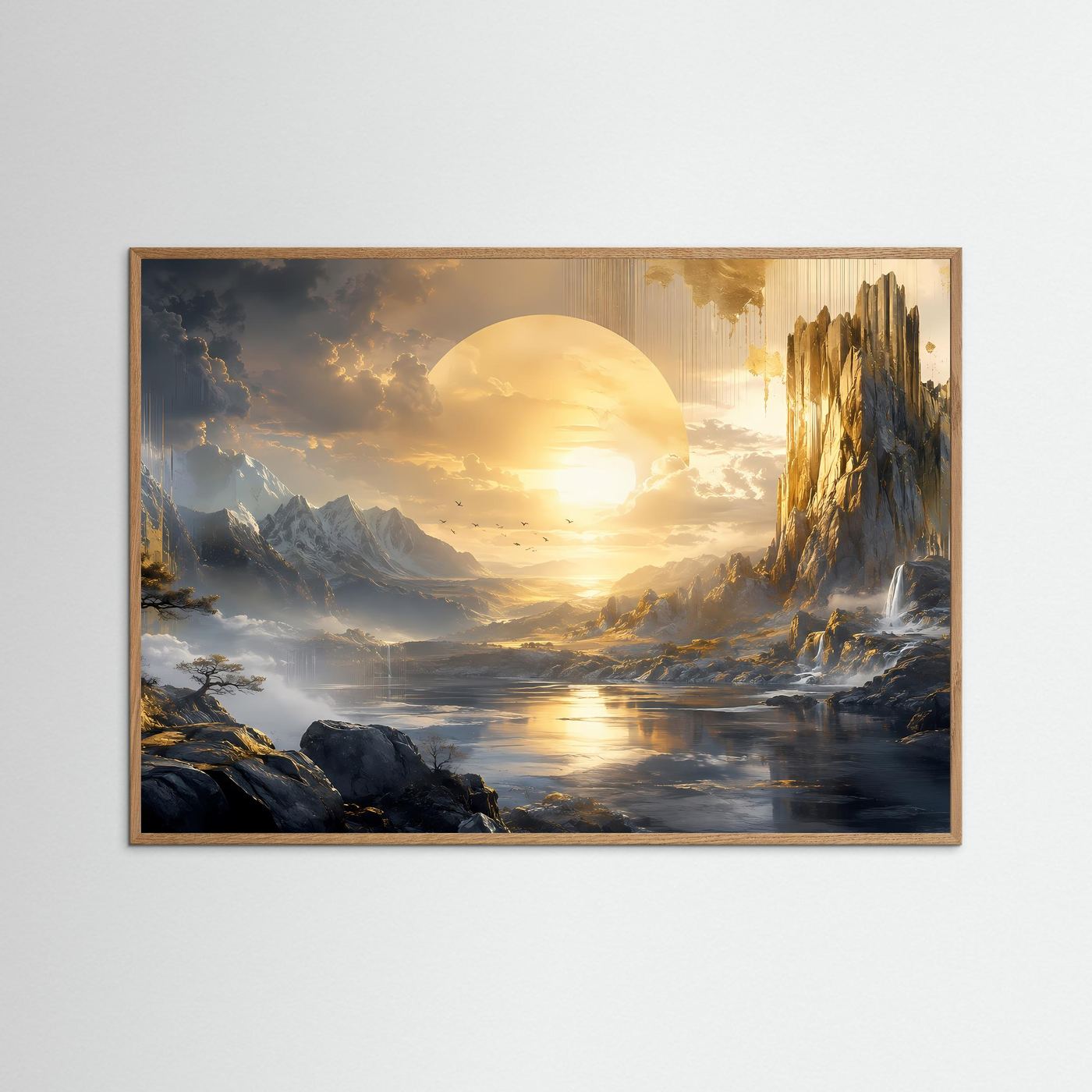 Mystische Berglandschaft mit goldener Sonne | Fantasie Landschaft in Gold & Schwarz