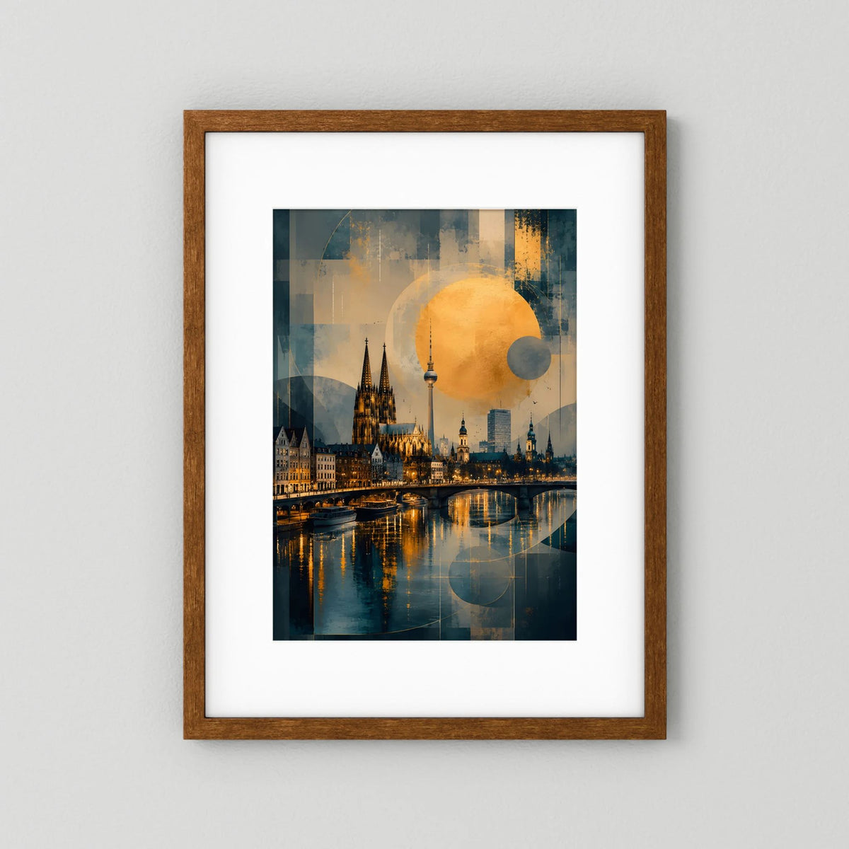 Hochformat-Poster Köln-Skyline mit Goldkreisen, brauner Holzrahmen und weißer Rand