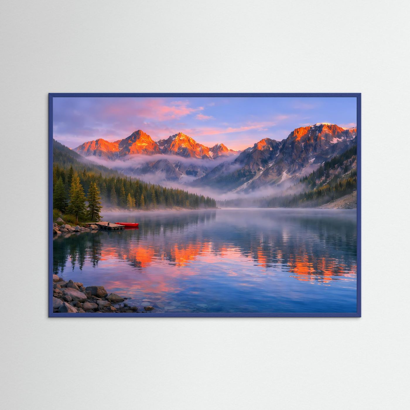 Wandbild mit Bergsee-Landschaft, blau-lila Rahmen