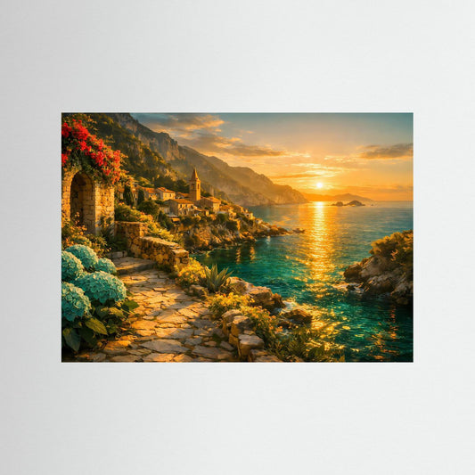 Querformatiges Küsten-Poster ohne Rahmen mit Sonnenuntergang, Meer und Uferweg