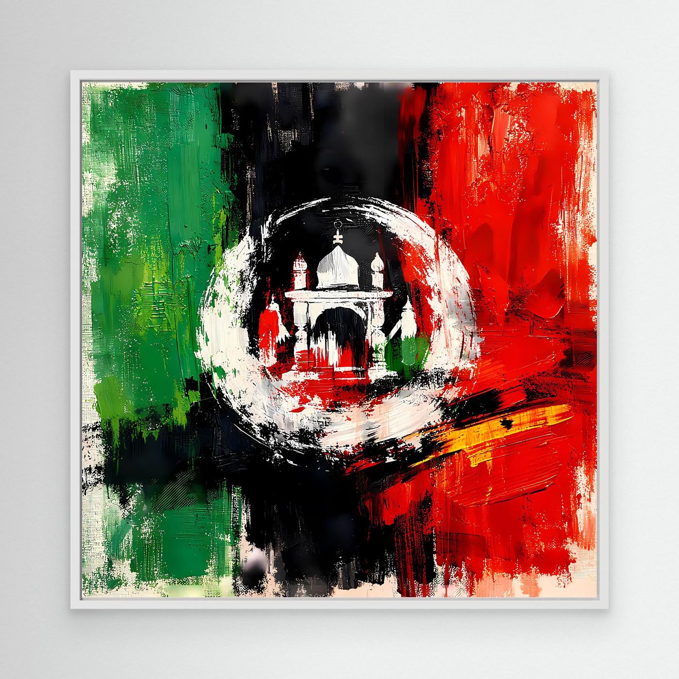 Abstract Afghanistan flag wall art with white frame, central white circle and building silhouette